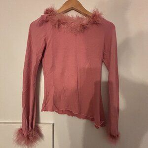 Ezen Pink Fuzzy Trim Top Women Y2K 90s Coquette Barbiecore